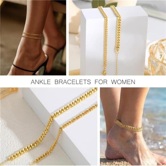 Gold Anklet Set for Women Layered Cuban Chain Waterproof Adjustable Jewelry - Picture 2 of 7